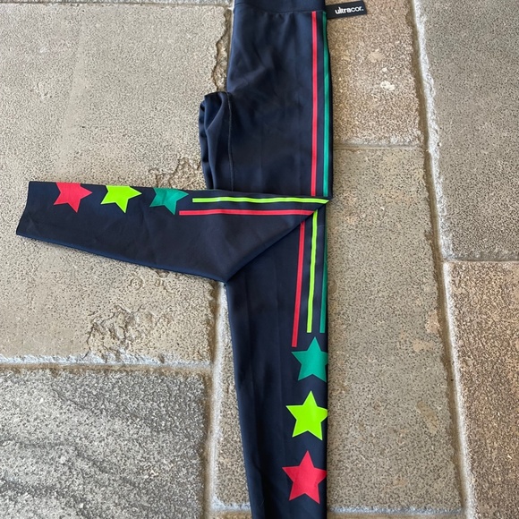 NWT XS Ultracor Black Leggings With Tri Color Stripes And Stars - Picture 2 of 8